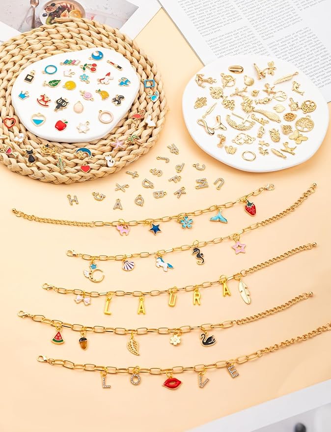 ZMLTLMG 552Pcs Gold Charm Bracelet Making Kit, Premium Paperclip Chain Jewelry Making Supplies with Enamel Charms, Letter Beads & Jump Rings, DIY Crafts Gift Set for Women Girls Adults
