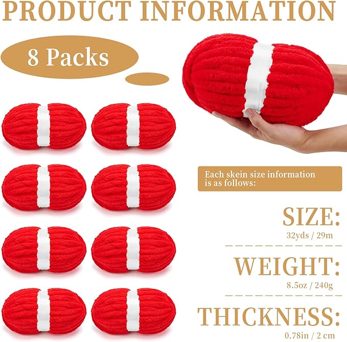 Chunky Chenille Yarn for Crocheting/Arm Knitting, Super Soft Jumbo Knit Blanket Yarn Red 8 Pack (32 yds, 8.5 oz Each Pack)