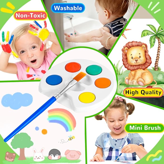 mini watercolor paint set for kids.18 pack watercolor paint kids,5 color water color set with paint brush and palette tray.diy for art party favors, prizes,birthday.