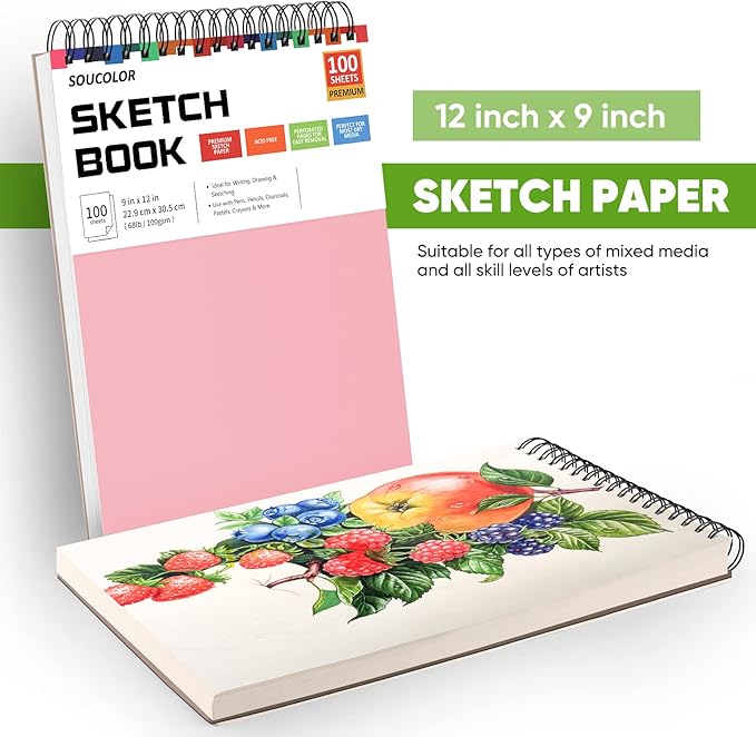 art supply set - sketching & drawing kit, sketchbook art paper for adult artists, soucolor 9" x 12" sketch book, 2-pack 100 sheets spiral bound sketchbook, acid free