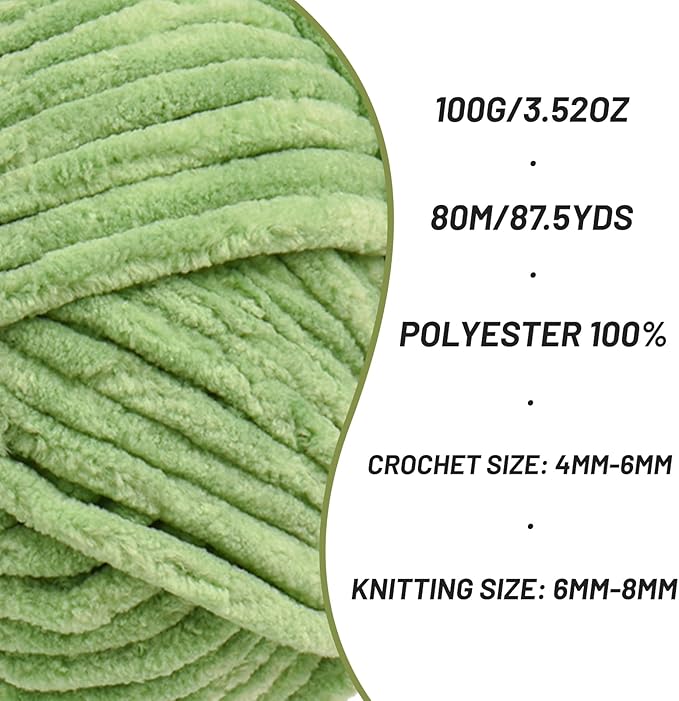 3 Pack Fluffy Chenille Yarn for Crocheting, Chunky Velvet Yarns for Crochet Amigurumi, Baby Yarn for Crocheting Soft Blanket, 262.4yds /10.5oz Bulky Yarns for Crafts/Hats/Shoes/Socks (3 Avocado Green)