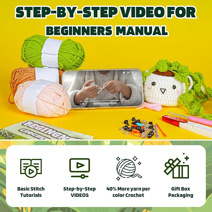 Imcrasy Crochet Kit | Crochet Kit for Beginners | Beginner Crochet & Knitting Kit with Step by Step Video Lessons | 4 PC Cute Potted Plants Crochet Kit with Crochet Accessories(40%+ Yarn) | WhiteBrown