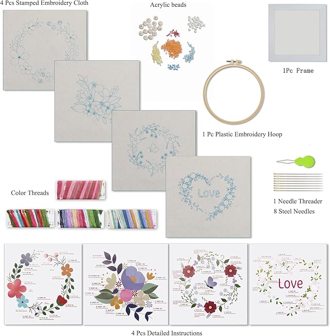 ebherys level-2: 4sets a pack, hand embroidery kit for adults, not cross stitch,lovely flowers, green plants and bird patterns, needlework diy kits, hoops, needle threader and frame(garland)