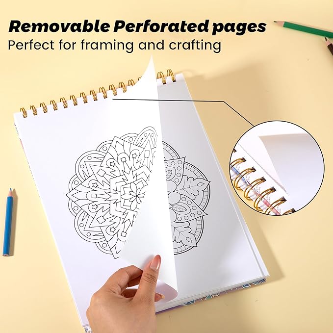 Mandala Coloring Book for Adults 41 Unique Single Sided Patterns and 9 Blank Pages with 12 Colored Pencils Set 130GSM Thick Paper Stress Relief & Mindfulness Gift for Women Men, 8.5 X 11in