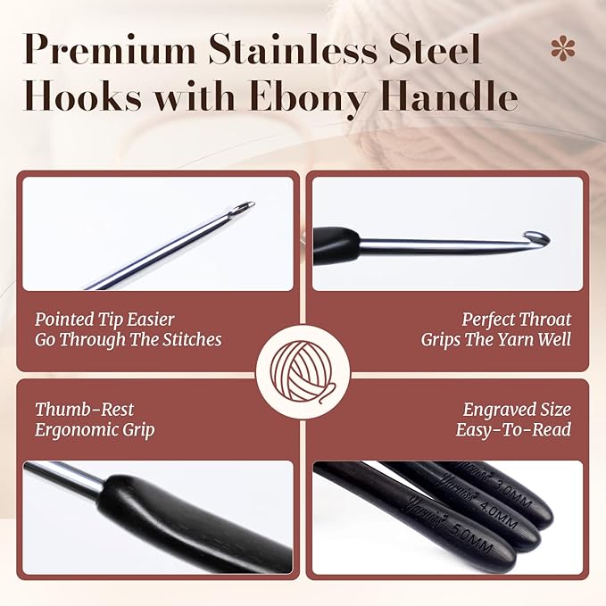Yarniss Artisan Stainless Steel Crochet Hooks Set 3.0mm,4.0mm,5.0mm,Hand-Polished Crochet Needle with Ebony Handle for Beginners,Gift for Crocheter