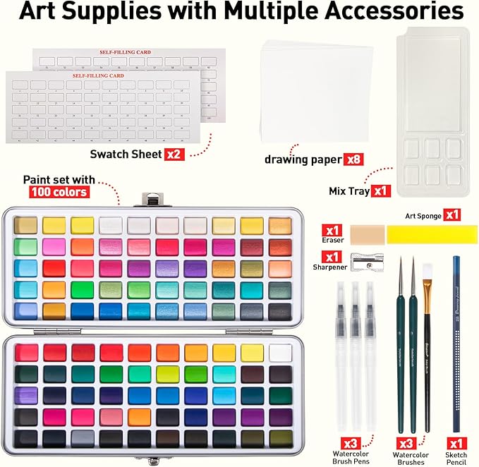 watercolor paint set 100 colors botkc travel water colors kit with 7 brushes 8 watercolor papers palette set including metallic and accessories art supplies gifts for beginner artists adults and hobbyists