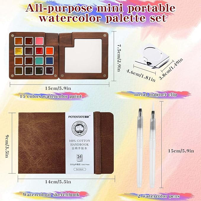 Mini Watercolor Paint Set - 15 Color Travel Watercolor Palette Set - Portable Water Color Paint Set with Watercolor Journal, Binder Clips,Pens,Storage Bag, Wooden Box for Beginners Painters Artists Student