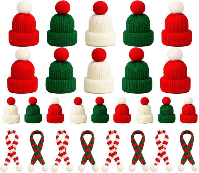 30 Pcs Mini Christmas Hats and Scarf Set – Small Santa Hats for Crafts, Mini Santa Hats for Dolls, Mini Snowman Hats & Finger Scarves, Tiny Christmas Hats for Mini Trees, DIY Christmas Decorations Kit