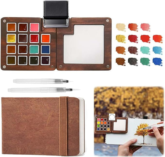 Mini Watercolor Paint Set - 15 Color Travel Watercolor Palette Set - Portable Water Color Paint Set with Watercolor Journal, Binder Clips,Pens,Storage Bag, Wooden Box for Beginners Painters Artists Student