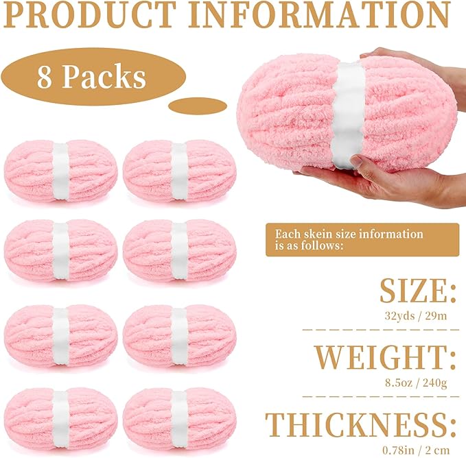 Chunky Chenille Yarn for Crocheting/Arm Knitting, Super Soft Jumbo Knit Blanket Yarn Pink 8 Pack (32 yds, 8.5 oz Each Pack)