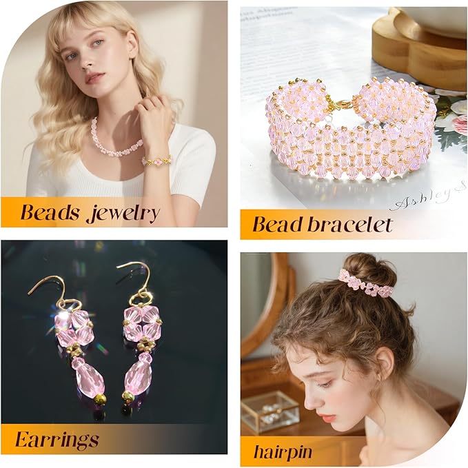 1500 Pcs Crystal Glass Beads for Jewelry Making – 12 Styles Bicone, Rondelle, Cube, Teardrop & 3mm Spacer Beads, DIY Bracelet Necklace Earring Craft Kit with Organizer Box(Pink)