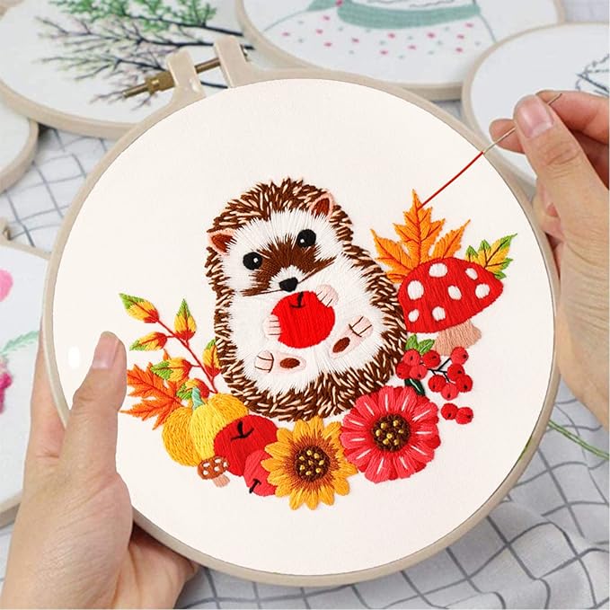 Louise Maelys Animal Embroidery Kits for Beginners with Autumn Hedgehog Pattern,Adults Starter Cross Stitch Kit DIY Needlepoint