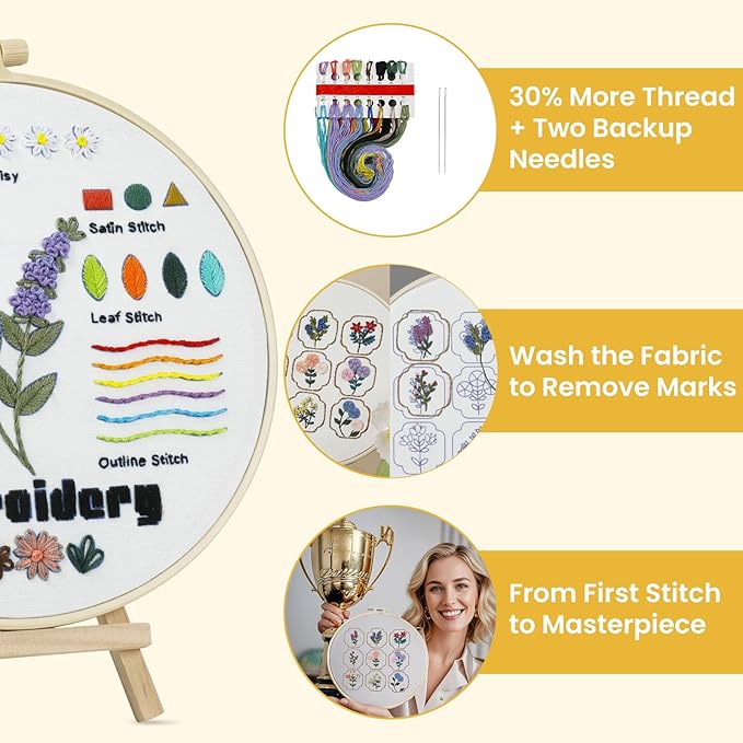 HTVRONT Embroidery Kit for Beginners- 3 Pcs 14 Stitches and 9 Flower Practice Samplers, Pre-Printed Patterns, Step by Step Video, Beginner Embroidery Kit for Adults for Gift for Women