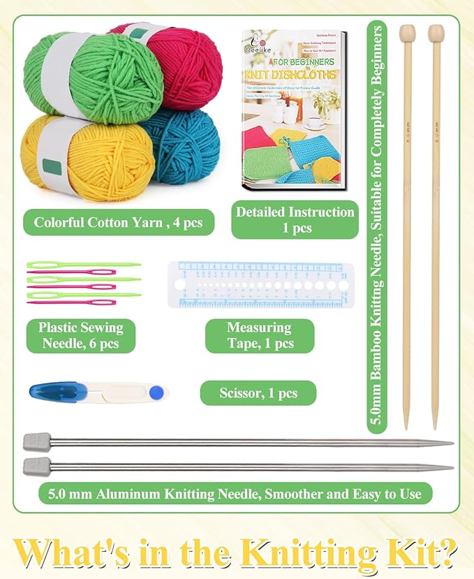 Aeelike Knitting Kit for Beginners, Complete Beginner Knitting Kit Easy Knitting Set Including Knitting Needles Set Cotton Yarn, Learn to Knit Dishcloth with Step-by-Step Instructions, Colorful
