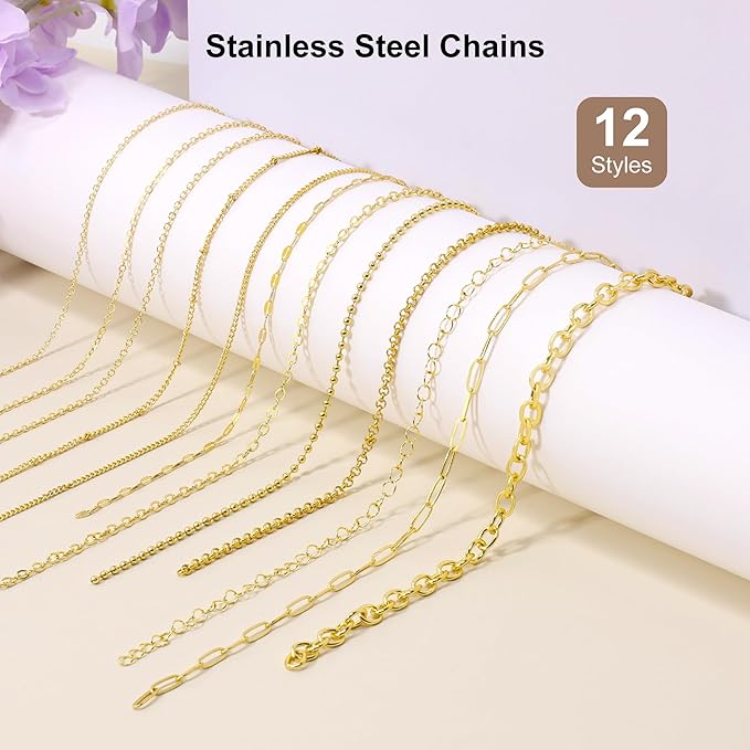 PP OPOUNT Gold Necklace Chains for Jewelry Making, 94.8 Feet 12 Rolls Chain for Jewelry Making DIY Necklace Bracelet Belt Earrings with Open Jump Rings & Lobster Clasps