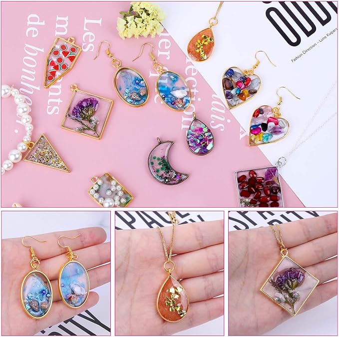 Shynek 60Pcs Hollow Frame Pendants - Resin Craft Bezels Jewelry Molds for Necklaces and Earrings Making Supplies
