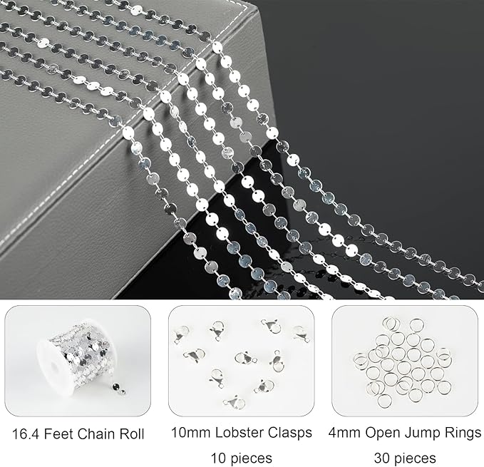 Jabogrii 5 Meters Silver Circle Sequin Jewelry Making Chains DIY Necklace Bracelet Copper Chain for Jewelry Making Round Chain Link Roll