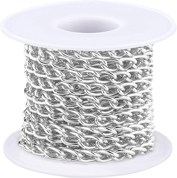 jishi 16ft aluminium curb chain roll, thick twisted chain links, silver plated metal craft chain curb link chain spool for jewelry making necklace bracelet diy crafts, jewelry making findings supplies