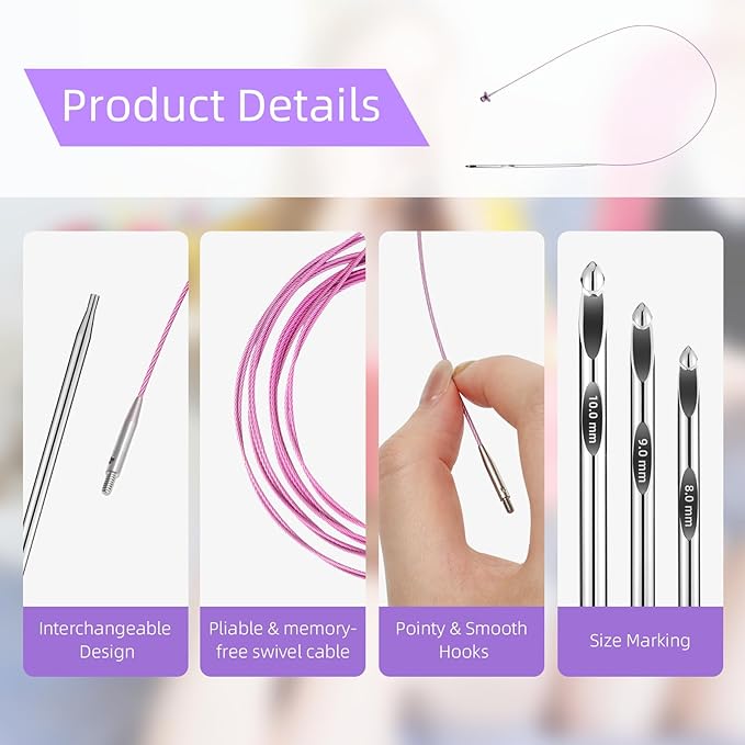 AIYUNDI Tunisian Crochet Hooks Set with Cable, 6-Inch Aluminum Interchangeable Crochet Hooks 3mm-10mm, Long Crochet Hooks, Lightweight, Anti-Twist Swivel Cables, Ergonomic, Multicolor 26 PCS