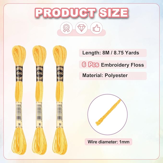 PATIKIL 6 Skeins Embroidery Floss, Polyester Embroidery Threads Bracelets String for Cross-Stitch Hand Embroidery, Yellow