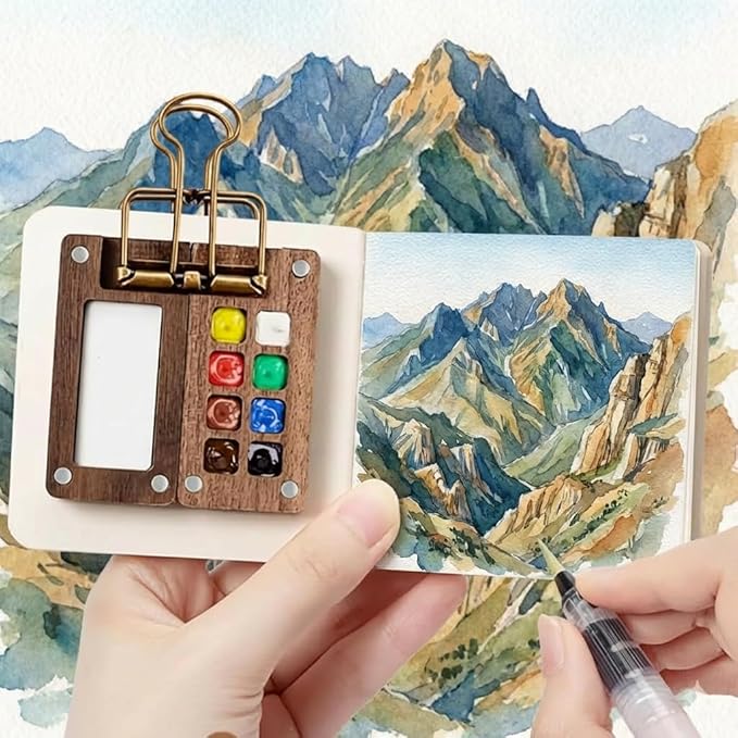 Mini Watercolor Paint Set, Portable Artist Watercolor Travel Kit with 12 Color, 8 Grids Pocket Wooden Palette, Sketchbook, Brush for Artists, Painters, Students