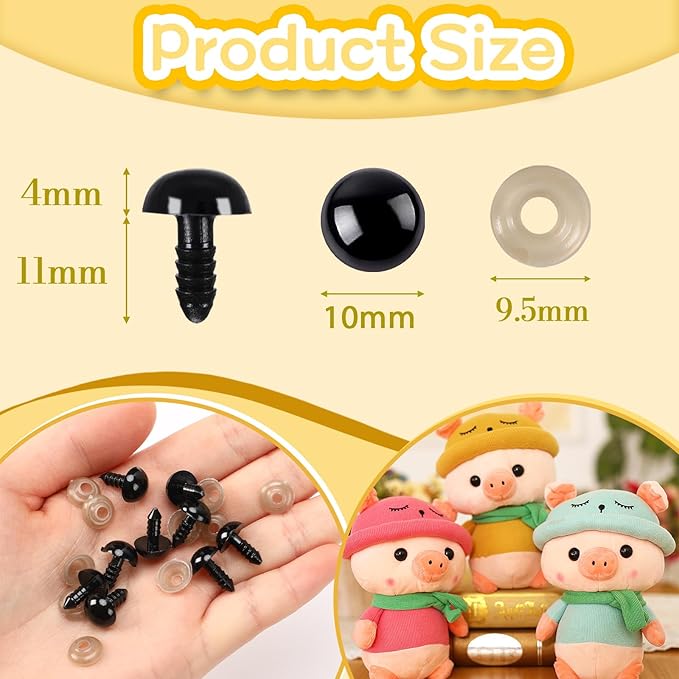 UPINS 600 Pieces 10MM Safety Eyes with Washers Black Plastic Safety Eyes for Amigurumi Doll Crochet Eyes for DIY Crafts Stuffed Animals Making Supplies