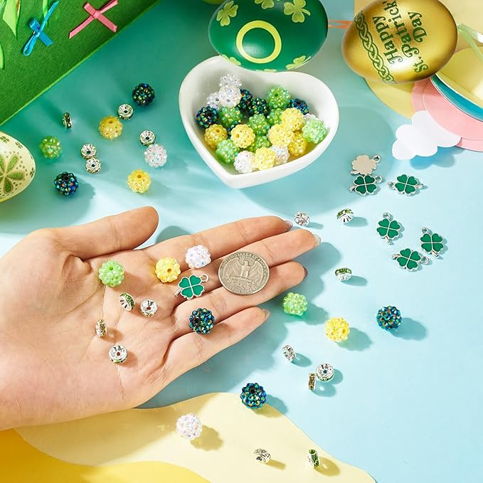 Cheriswelry St.Patrick's Day Jewelry Making Kit Green Clover Four Leaf Charms Clay Disco Ball Beads Flat Round Rhinestone Spacer Bead for DIY Necklace Bracelet Earring Accessories 137Pcs/Set