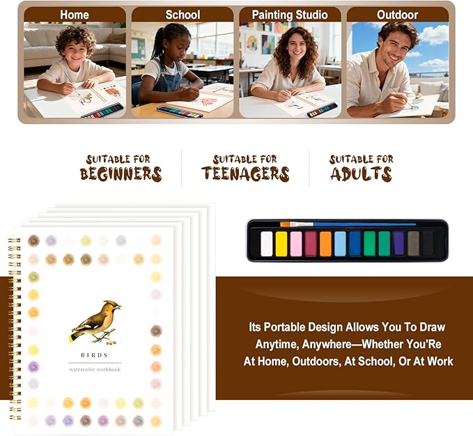 Watercolor Workbook for Adults, Beginner Friendly Watercolor Painting Kit Birds Water Coloring Book, Nature-Themed Practice Art Gift Water Color Paint Book with Palette and Brush