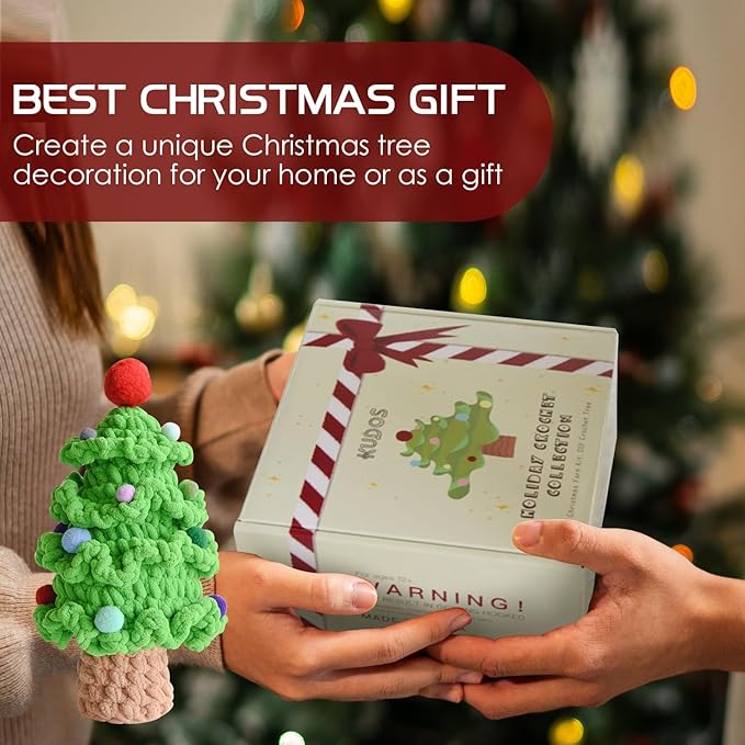 KUDOS Christmas Tree Crochet Kit - Holiday Crochet Set with Christmas Beads and Decorations for Beginners, Crochet Kit with All Accessories & Tutorial, Christmas Crochet for Family