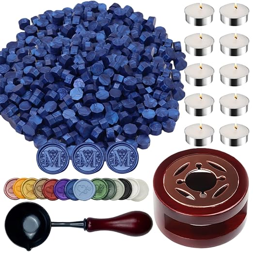Sea Blue Sealing Wax Beads, ONWINPOR 400pcs Wax Seal Kit with Warmer, Non-Slip Spoon, Candles for Envelopes, Stamp Letter Seal,Wedding Invitations (Sea Blue)