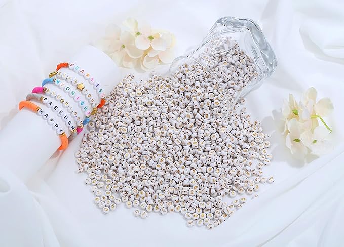 LAIDANLA 1000PCS Acrylic Number Beads Gold Number White Round Bead 7×4mm for Jewelry Bracelets Necklaces Key Chains Making
