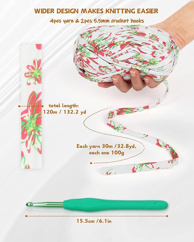 Katech 130 Yards Tshirt Crochet Yarn for Crocheting, 400g Spaghetti Yarn Fabric Cloth Yarn for DIY Knitting Handmade Basket Cushion Decor, Easy Yarn for Beginners (Green-Floral)
