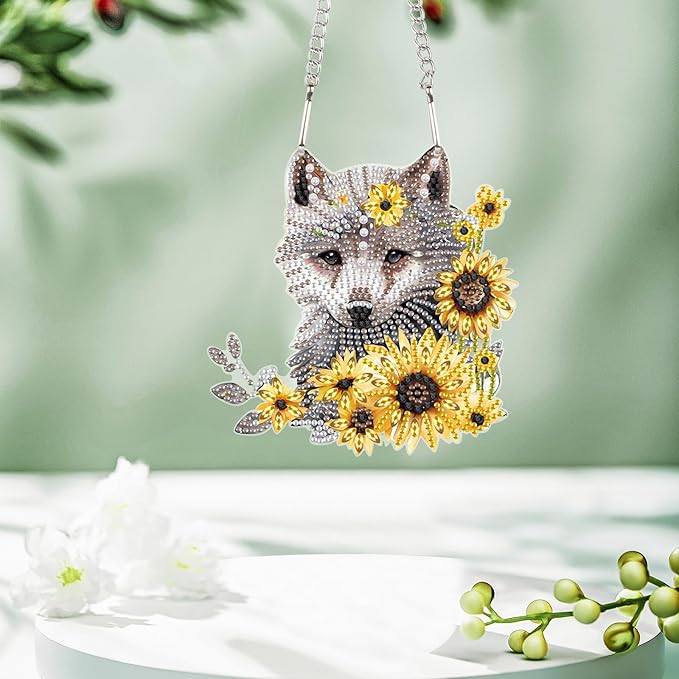 AiYuanzsh Animal Wolf Sunflower DIY Acrylic Diamond Painting Pendant Kits Special Shaped Rhinestone Round Diamond Art Hanging Kits Home Garden Wall Window Pendants .Home Wall Decor Gift