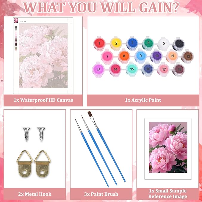 MAXBYE Pink Peony Paint by Numbers for Adults, Flower Paint by Number on Canvas Without Frame, DIY Easy Oil Painting for Home Wall Decor Gift 12x16inch