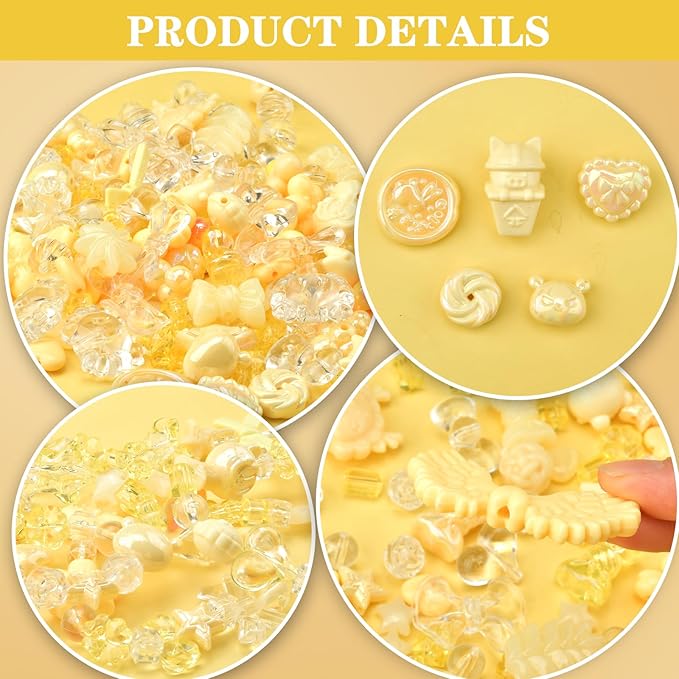 ABONDEVER 245-300Pcs Assorted Acrylic Beads for Bracelets Making Cute Star Bow Flower Candy Heart Gummy Bear Butterfly Beads for DIY Jewelry Crafts Keychain Necklace Phone Charms(Yellow)