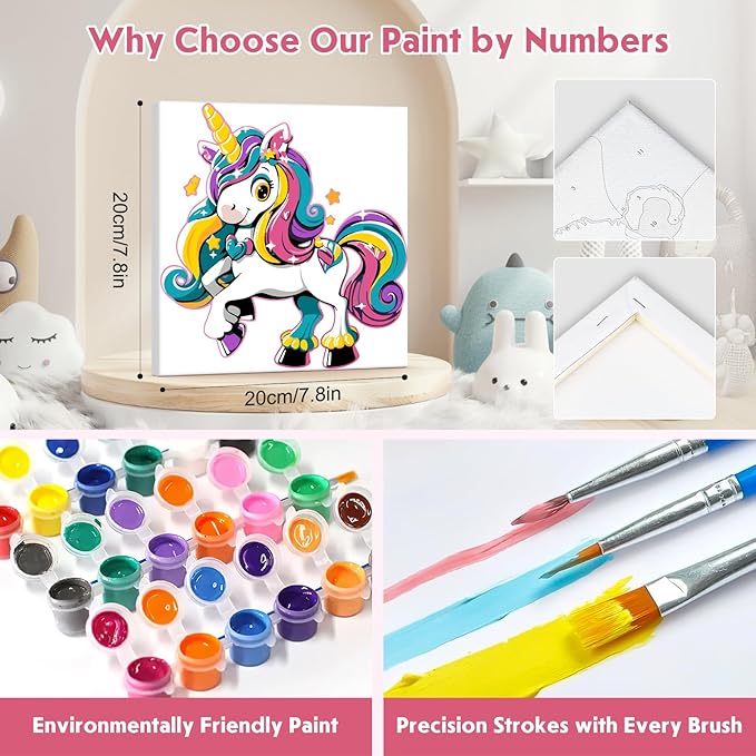 NEWENMO 4 Pack Paint by Number for Kids with Wooden Frame, Cute Unicorn Paint by Numbers for Kids Ages 8-12, Rainbow Unicorn, DIY Acrylic Oil Painting for Beginners for Home Wall Decor 8X8 inch