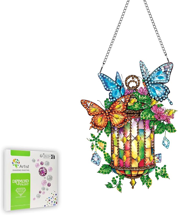 Ginfonr Diamond Painting Kits Hanging Pendant, Butterfly Sun Catcher for Front Door Sign, Special Shaped Rhinestone Lamp Diamond Art, Double Sided Home Hanging Kits for Garden Wall Window (8x8inch)