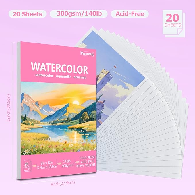 Pacocoast Watercolor Paper, 9"X12" Artist Drawing Paper Pads, (300gsm/140lb) Water Color Sketch Book for Painting, Arts & Crafts Supplies for Adults, Watercolor Journal Notebook, Pink