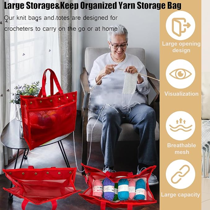 Knitting Bag Large Yarn Storage Organizer,Crochet Bags and Totes,Yarn Bags for Crocheting,Crochet Storage Bags for Crochet Hooks,Knitting Needles,Knit Bags for Crochet Lovers,Mother's Day Gift(Red)