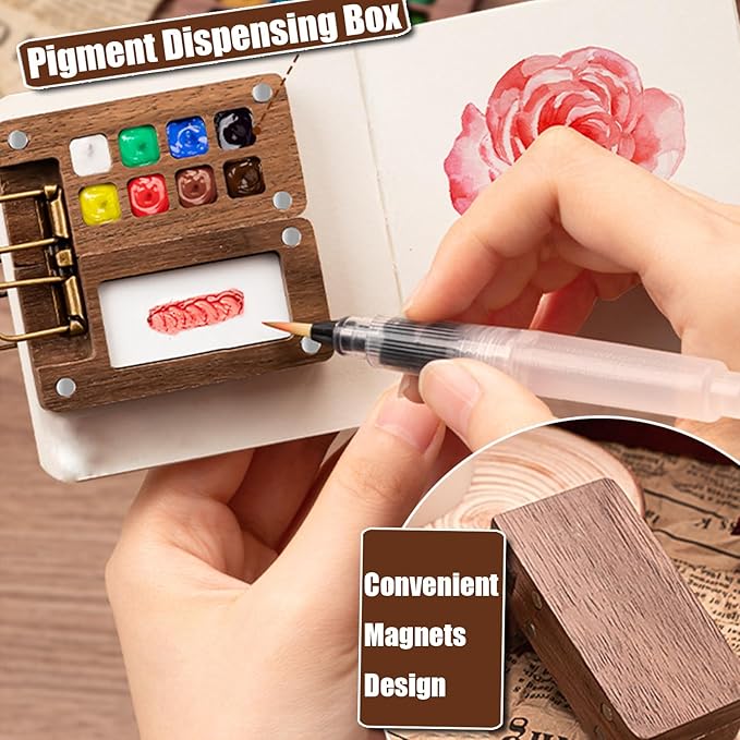 Mini Travel Watercolor Set Pocket Artist Watercolor Travel Set Grid Palette Box Sketch Book Brush Pens With Binder Clips For Painters Artists Students (bamboo, 15 Grids)