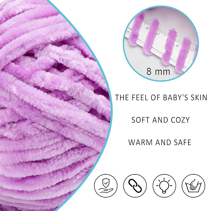 Velvet Yarn Chenille Yarn for Crocheting and Knitting Soft Chenille Bulky Baby Blanket Yarn DIY Weaving Craft 2pack Purple(4oz 66yds Each)