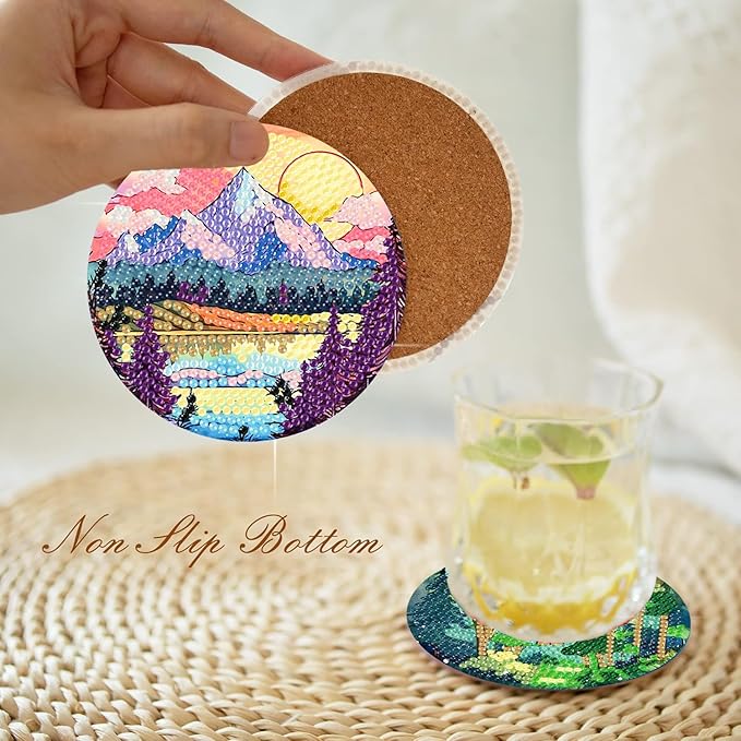 igoodom 8 Pcs Diamond Art Coasters Kit with Holder, DIY Landscape Diamond Painting Coasters for Beginners Adults, Non Slip Diamond Art Kits Craft Supplies 4x4inch