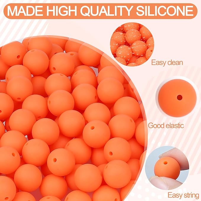 MAIBAOTA 120 Pcs Orange Silicone Beads 15 mm for Keychain/Pens/Bracelet/Necklace Making - Focal Loose Rubber Round Bulk Craft Supplies (With Boxed Kits)