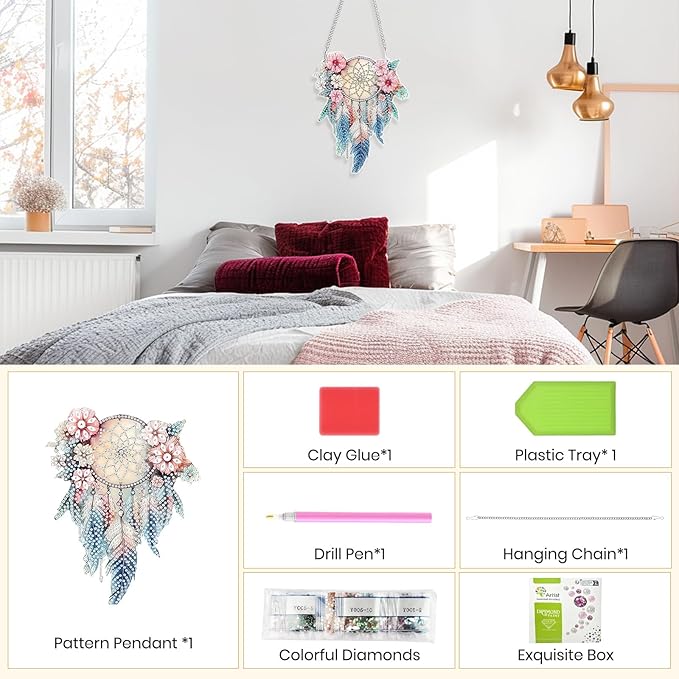 Hanging Diamond Art Kits for Adults Beginners, Dreamcatcher Diamond Painting Pendant Kit, DIY Acrylic 5D Special Shaped Crystal Diamond Gem Art Painting Hanging Ornament for Home Wall Decor and Gift