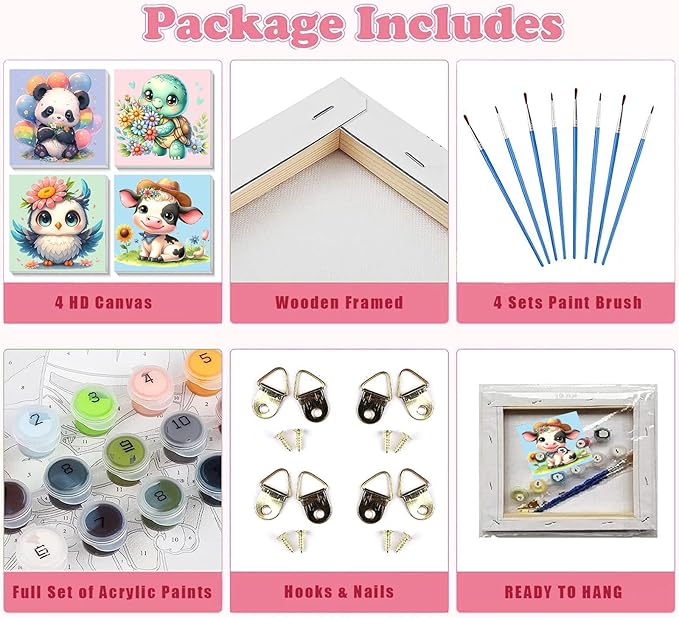 4 Pack Animal Paint by Number for Kids with Wooden Frame, Paint by Numbers for Kids Animals Ages 4-8-12, Easy Panda Sea Turtle Owl Cow DIY Acrylic Oil Painting Kits for Home Wall Decor (8X8 inch)
