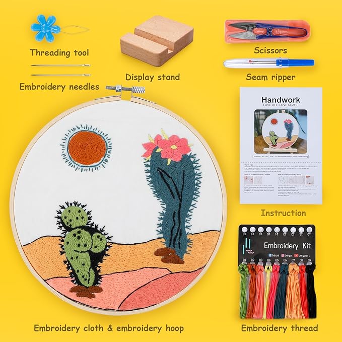 BERYA Funny Cactus Embroidery Kit with Embroidery Hoop, Easy Embroidery Kit for Beginners, Include Instructions, Display Stand, Printed Cloth, Threads and Tools - with Video Tutorials (BEC003)