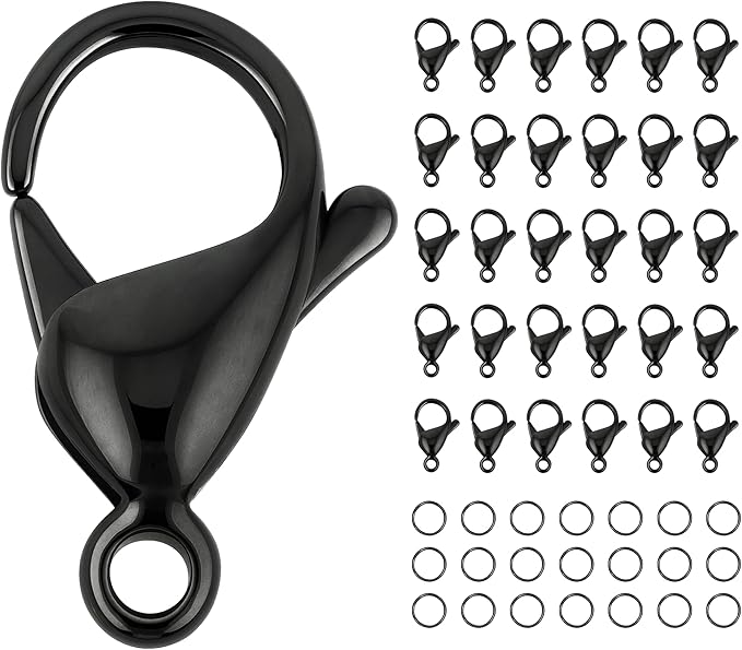Mandala Crafts 12mm Black Stainless Steel Lobster Clasps for Jewelry Making - 50 PCs SS Lobster Claw Clasps with Jump Rings Jewelry Findings Kit for Necklaces Bracelets Charms Fasteners