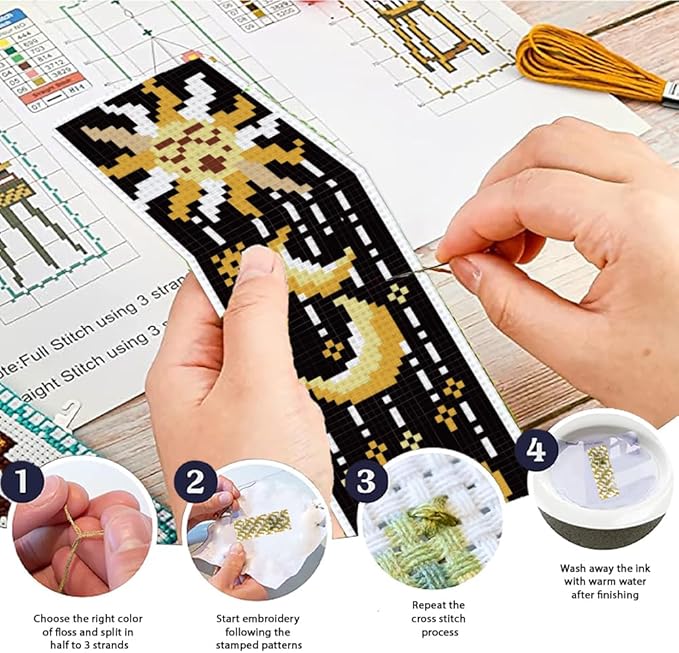 ACRNIGHEET 6PCS Cross Stitch Bookmark Kit for Beginner Sun and Moon Pattern Stamped Cross Stitch Kits for Adults Crossstitch Kits Adult Bookmarks with Instructions Hand Embroidery Craft Gift 11CT