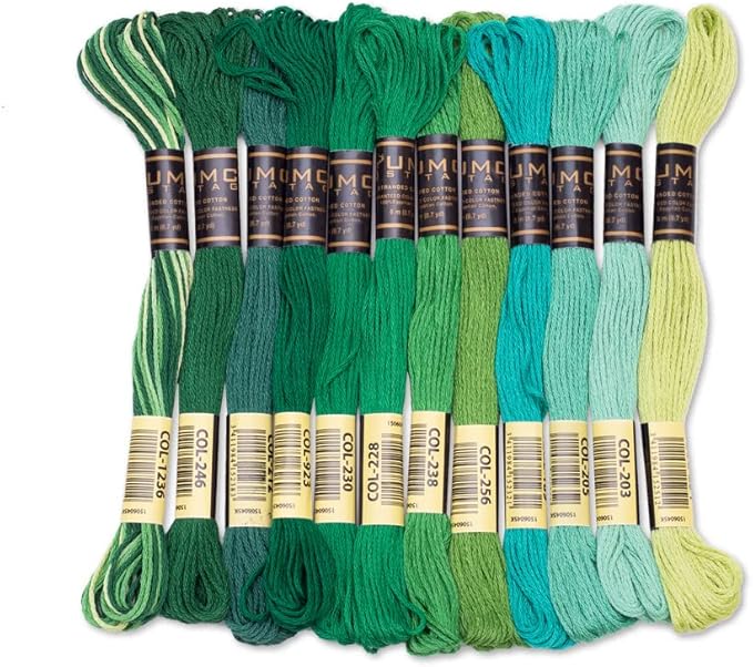 12 Pieces | Premium Embroidery Thread | 100% Egyptian Cotton Premium Skeins | Cross Stitch Embroidery Floss | Oeko TEX Certified Stranded Cotton (Green Tones)
