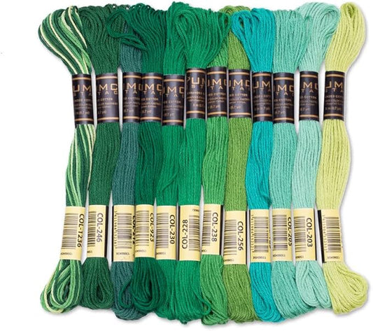 12 Pieces | Premium Embroidery Thread | 100% Egyptian Cotton Premium Skeins | Cross Stitch Embroidery Floss | Oeko TEX Certified Stranded Cotton (Green Tones)